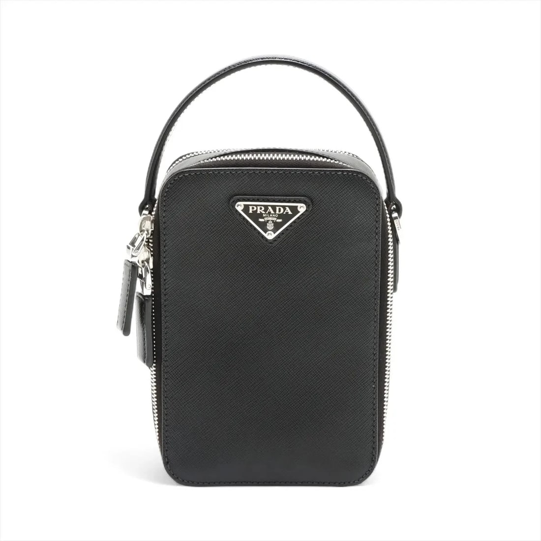 PRADA SAFFIANO TRAVEL LEATHER HAND BAG BLACK: Prada Saffiano Travel Leather Hand bag Black Brand: Prada Type: Hand bag Material: Leather Color: Black Size: Height:7.3inch Length:4.7inch Depth:2.4inch Handle height:2.0inch Accessories: None