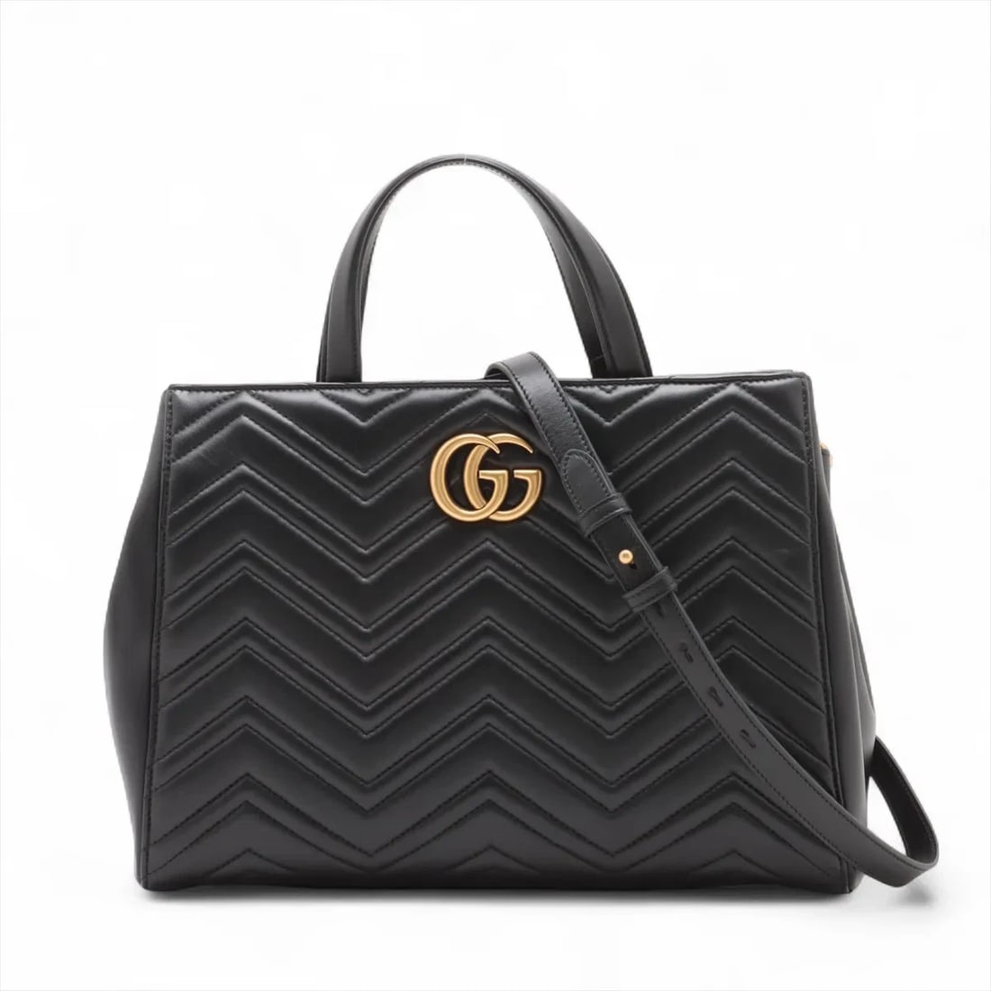 GUCCI GG MARMONT LEATHER 2 WAY HANDBAG: Gucci GG Marmont Leather 2 Way Handbag Brand: Gucci Type: Hand bag Material: Leather Color: Black Size: Height:9.6inch Length:13.8inch Depth:5.7inch Handle height:4.3inch Shoulder