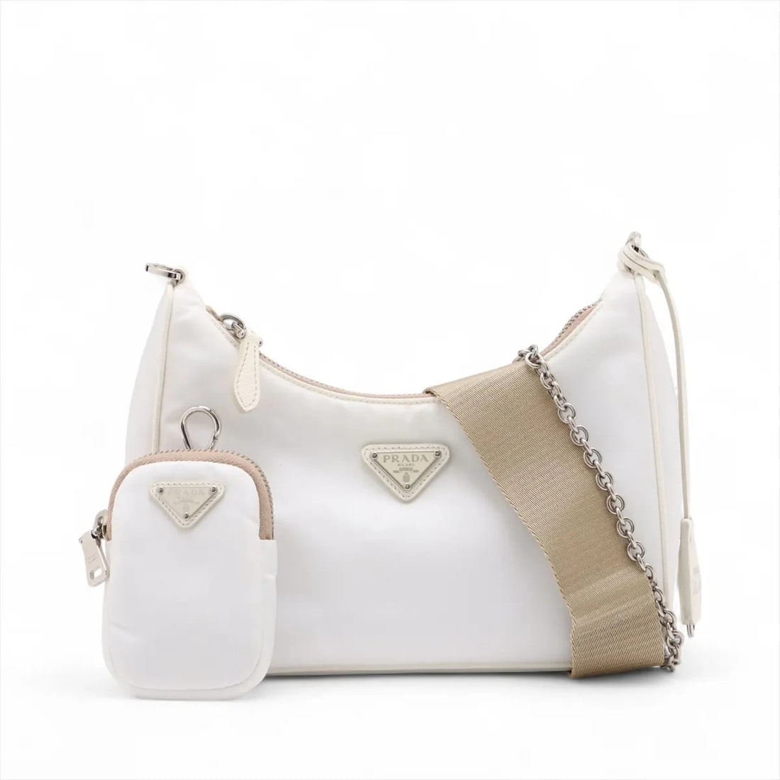 PRADA TESSUTO NYLON X LEATHER 2 WAY SHOULDER BAG: Prada Tessuto nylon x leather 2 Way Shoulder Bag Brand: Prada Type: Shoulder bag Material: Nylon Color: White Size: Height:6.7inch Length:8.7inch Depth:2.4inch Handle height:10.0inch Shoulder