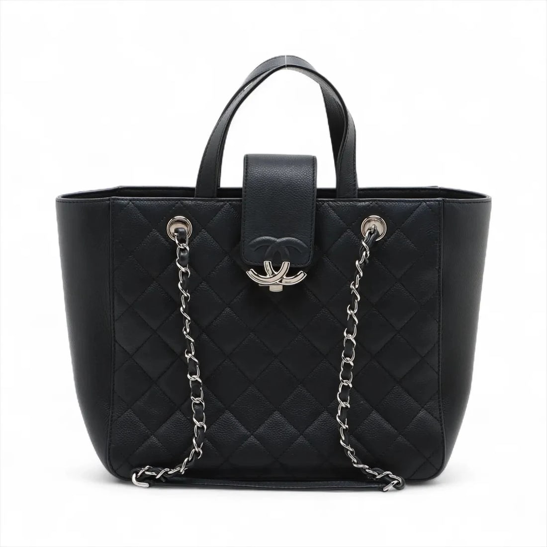 CHANEL MATELASSE CAVIAR SKIN 2 WAY HANDBAG: Chanel Matelasse Caviar Skin 2 Way Handbag Brand: Chanel Type: Hand bag Material: Caviar Skin Color: Black Size: Height:9.1inch Length:10.6inch Depth:4.5inch Handle height:3.3inch Shoulder height:
