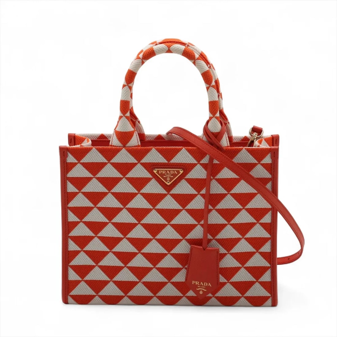 PRADA EMBROIDERY JACQUARD X LEATHER 2 WAY HANDBAG: Prada Embroidery jacquard x leather 2 Way Handbag Brand: Prada Type: Hand bag Material: Jacquard Color: Orange Size: Height:8.7inch Length:11.2inch Depth:3.5inch Handle height:4.5inch Shoulder hei