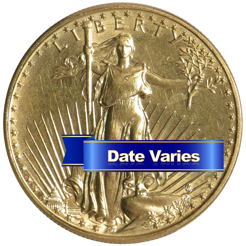 $50 AMERICAN GOLD EAGLE 1 OZ RANDOM YEAR IMPAIRED: $50 American Gold Eagle 1 oz Random Year Impaired Brand: United States Mint Year: Random Year Coin: None Denomination: $50 Fineness: 0.9167 Country of Origin: United States Accessories: N