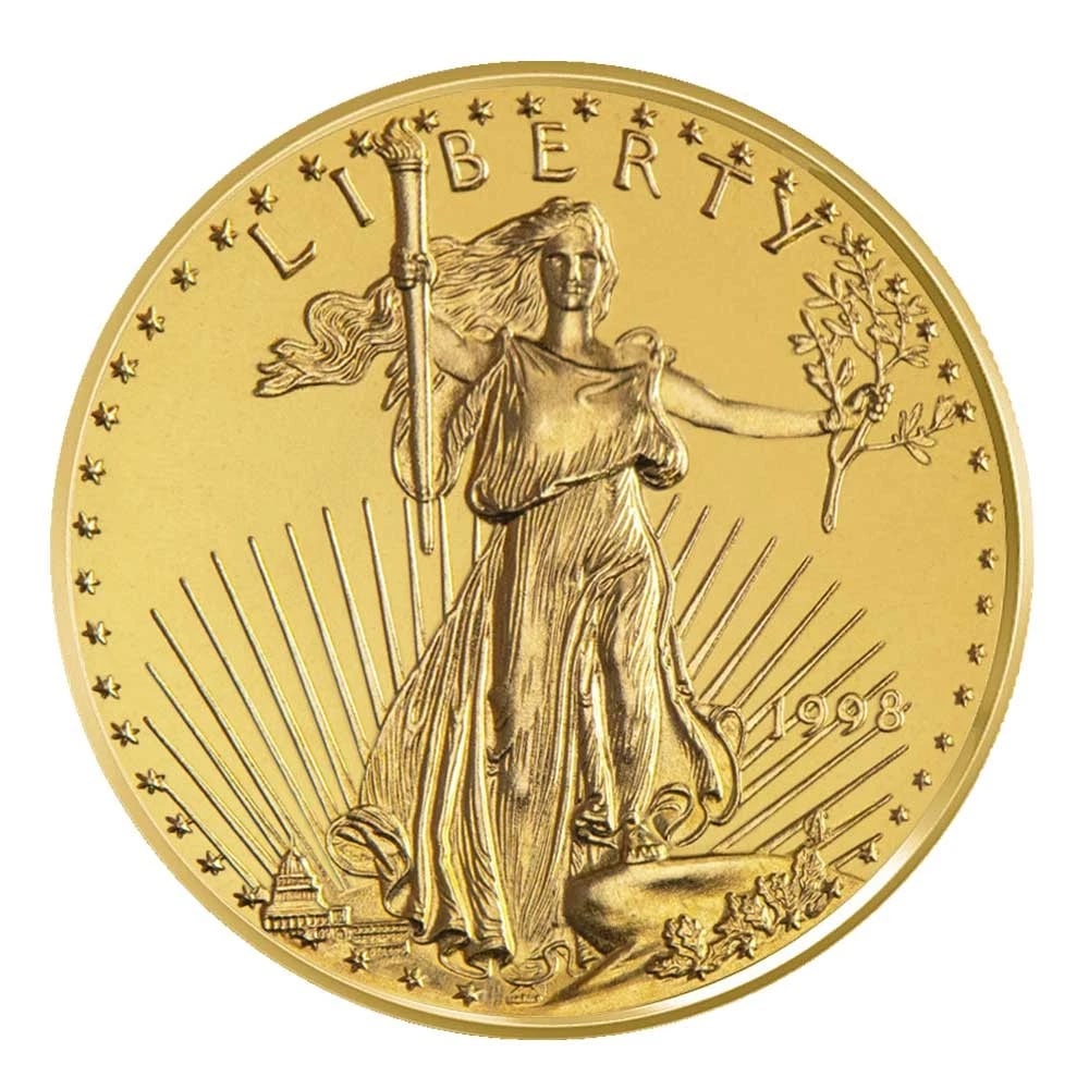 1998 $5 AMERICAN GOLD EAGLE 1/10 OZ BRILLIANT: 1998 $5 American Gold Eagle 1/10 oz Brilliant Brand: United States Mint Year: 1998 Coin: None Denomination: $5 Fineness: 0.9167 Country of Origin: United States Accessories: None