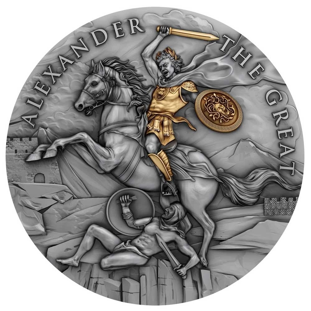 2023 $5 NIUE ALEXANDER THE GREAT 2 OZ HIGH RELIEF SILVER ANTIQUED AND GOLD: 2023 $5 Niue Alexander the Great 2 oz High Relief Silver Antiqued and Gold Brand: T&S Coin Year: 2023 Coin: None Denomination: $5 Fineness: 0.999 Country of Origin: Lithuania Accessor