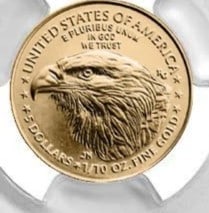2026 $5 1/10-OZ AMERICAN GOLD EAGLE: 2026 $5 1/10-oz American Gold Eagle Brand: United States Mint Year: 2026 Coin: American Eagle Denomination: $5 Fineness: 0.9167 Country of Origin: United States Accessories: None