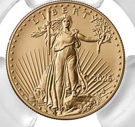 2026 $10 1/4-OZ AMERICAN GOLD EAGLE: 2026 $10 1/4-oz American Gold Eagle Brand: United States Mint Year: 2026 Coin: American Eagle Denomination: $10 Fineness: 0.9167 Country of Origin: United States Accessories: None