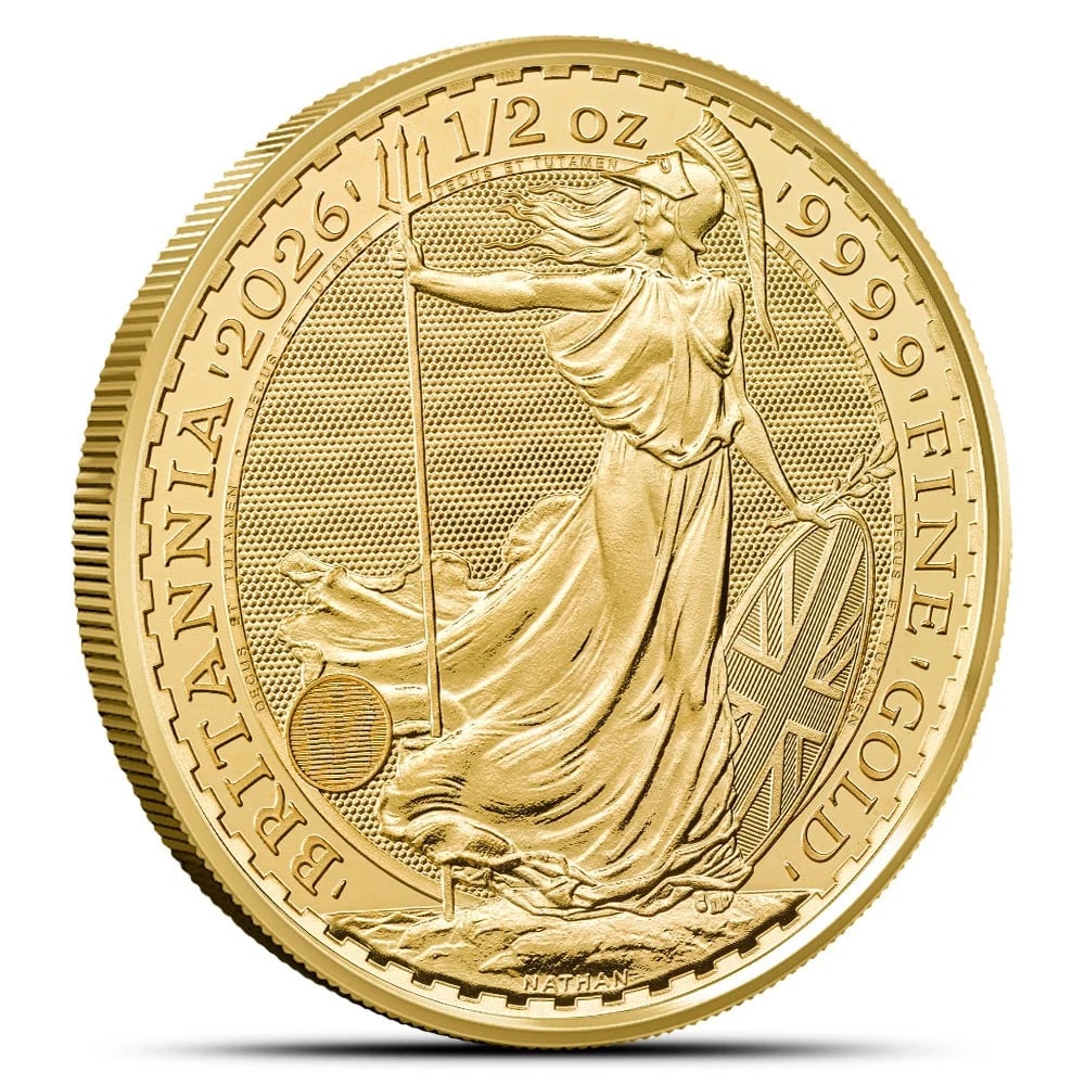 2026 1/2 OZ BRITISH GOLD BRITANNIA COIN: 2026 1/2 oz British Gold Britannia Coin Brand: Royal Mint Year: 2026 Denomination: None Fineness: 0.9999 Country of Origin: United Kingdom Accessories: None Accessories Notice: When purcha