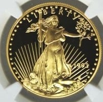 1993-W 1 OZ PROOF AMERICAN GOLD EAGLE COIN: 1993-W 1 oz Proof American Gold Eagle Coin Brand: US Mint Year: 1993 Denomination: None Fineness: 0.9167 Country of Origin: United States Accessories: None Accessories Notice: When purchas