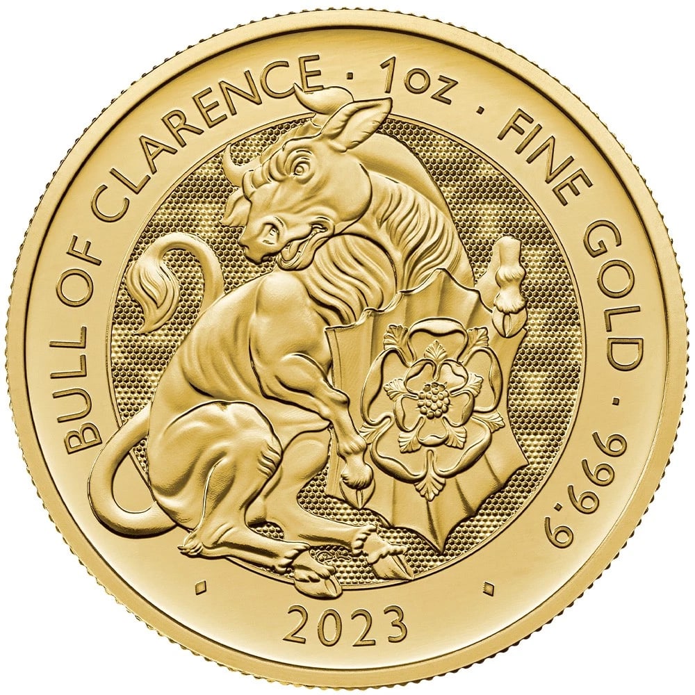 2023 1 OZ BRITISH GOLD TUDOR BEASTS BULL OF CLARENCE COIN: 2023 1 oz British Gold Tudor Beasts Bull of Clarence Coin Brand: The Royal Mint Year: 2023 Denomination: None Fineness: 0.9999 Country of Origin: Great Britain Accessories: None Accessorie