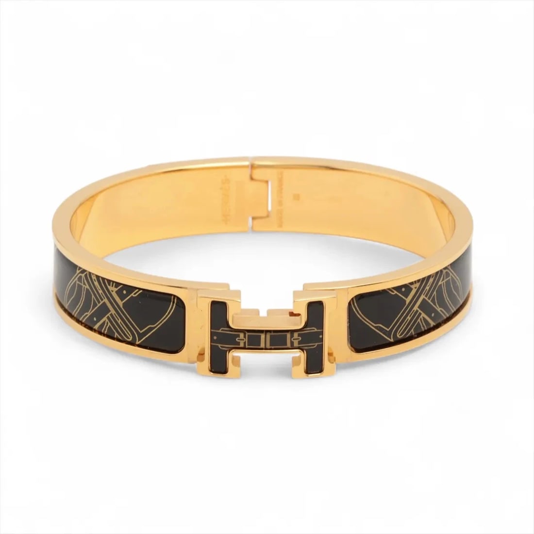 HERMES CLICK H FAN BANGLE GP×ENAMEL BLACK: Hermes Click H fan Bangle GP×Enamel Black Brand: Hermes Type/Style: Bracelet Material: GP×Enamel, Color: Black×Gold Size: Bracelet length:15.5 Accessories: None Accessories Notice: When