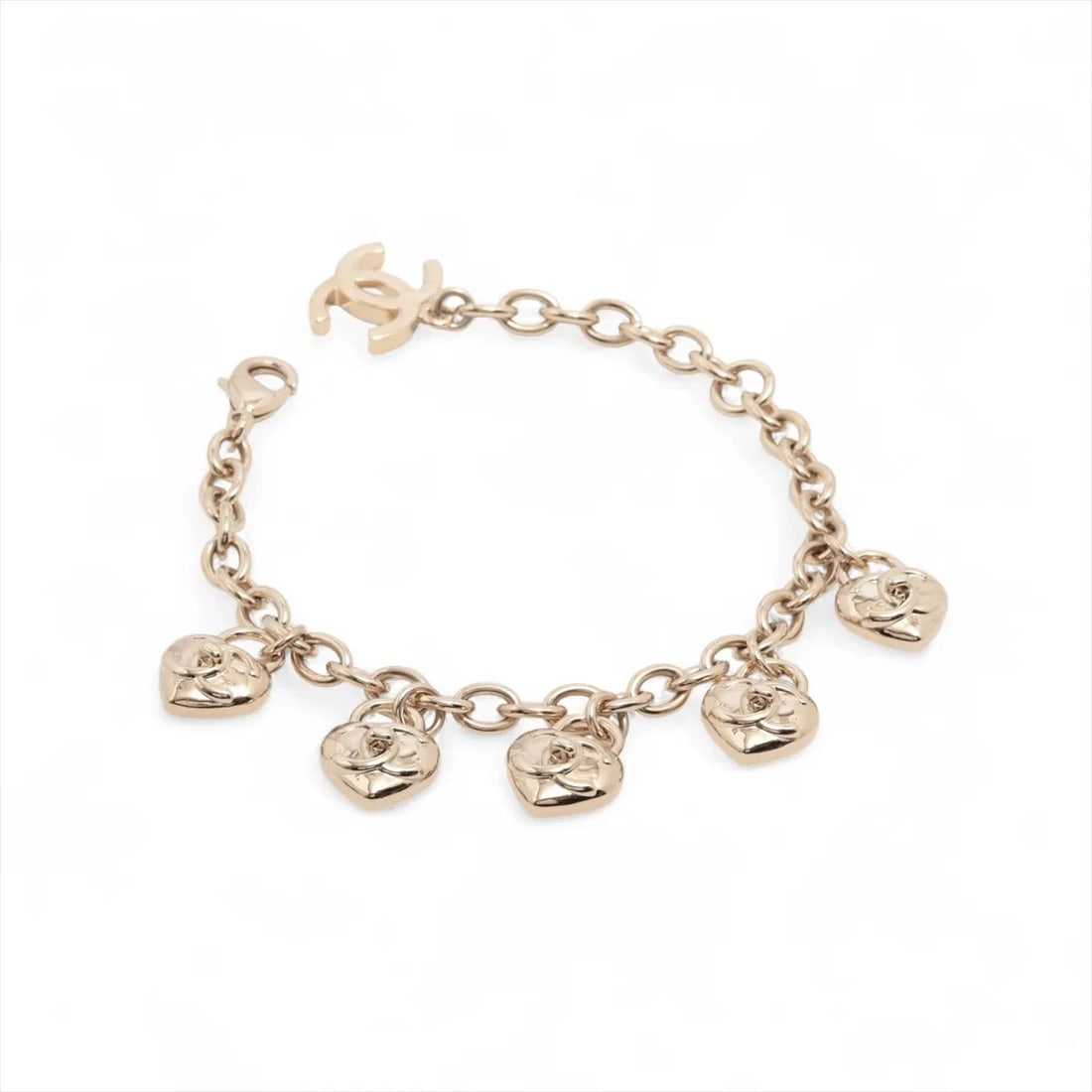 CHANEL COCO MARK HEARTS BRACELET GP GOLD: Chanel Coco Mark hearts Bracelet GP Gold Brand: Chanel Type/Style: Bracelet Material: GP, Color: Gold Size: Size(CM) Bracelet length:18.5 Accessories: None Accessories Notice: When purchasing