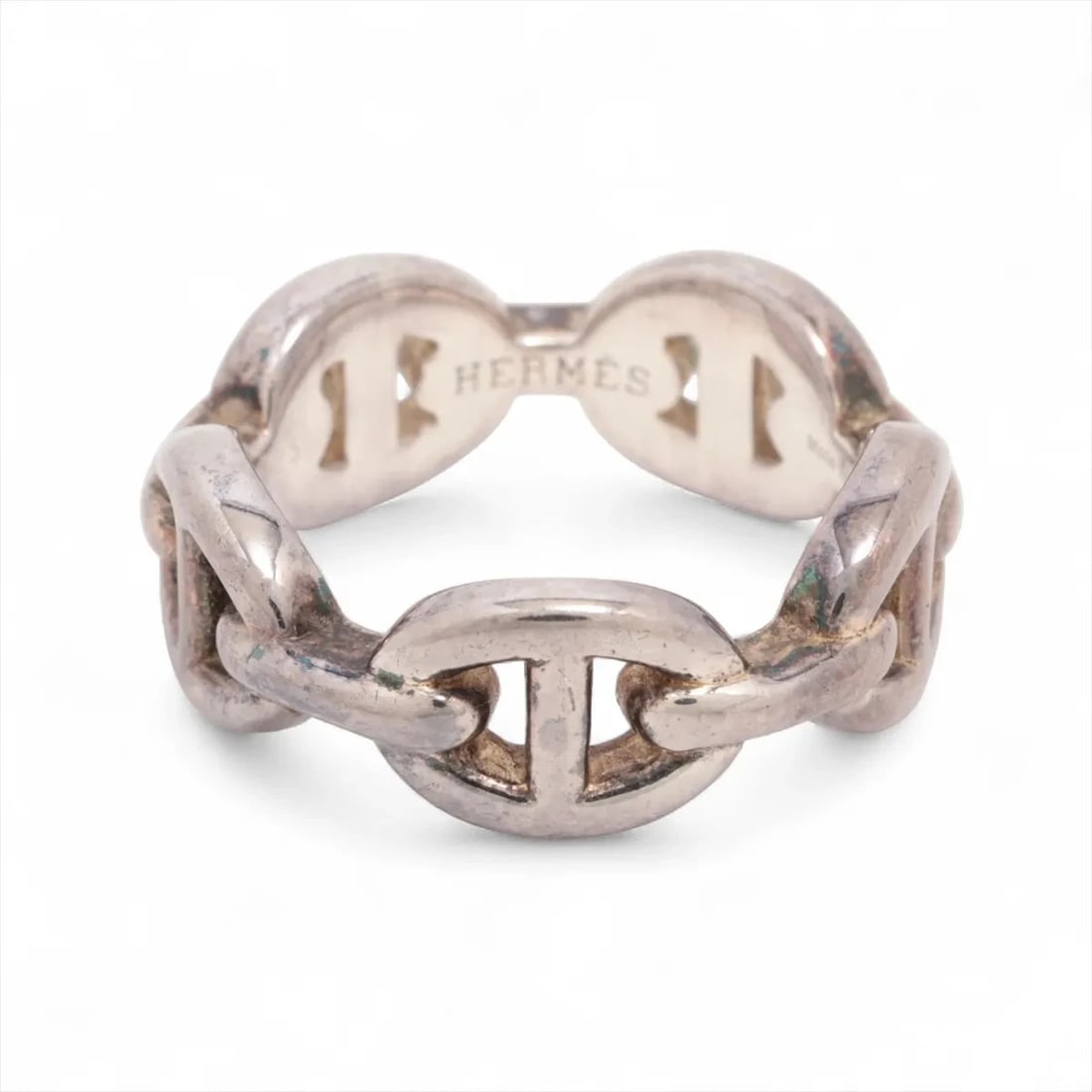 HERMES CHAÎNE D'ANCRE ENCHAINEE RING: Hermes Chaîne d'Ancre Enchainee Ring Brand: Hermes Type/Style: Ring Material: 925, Color: Silver Size: 5.25 US Accessories: None Accessories Notice: When purchasing pre-owned goods, please