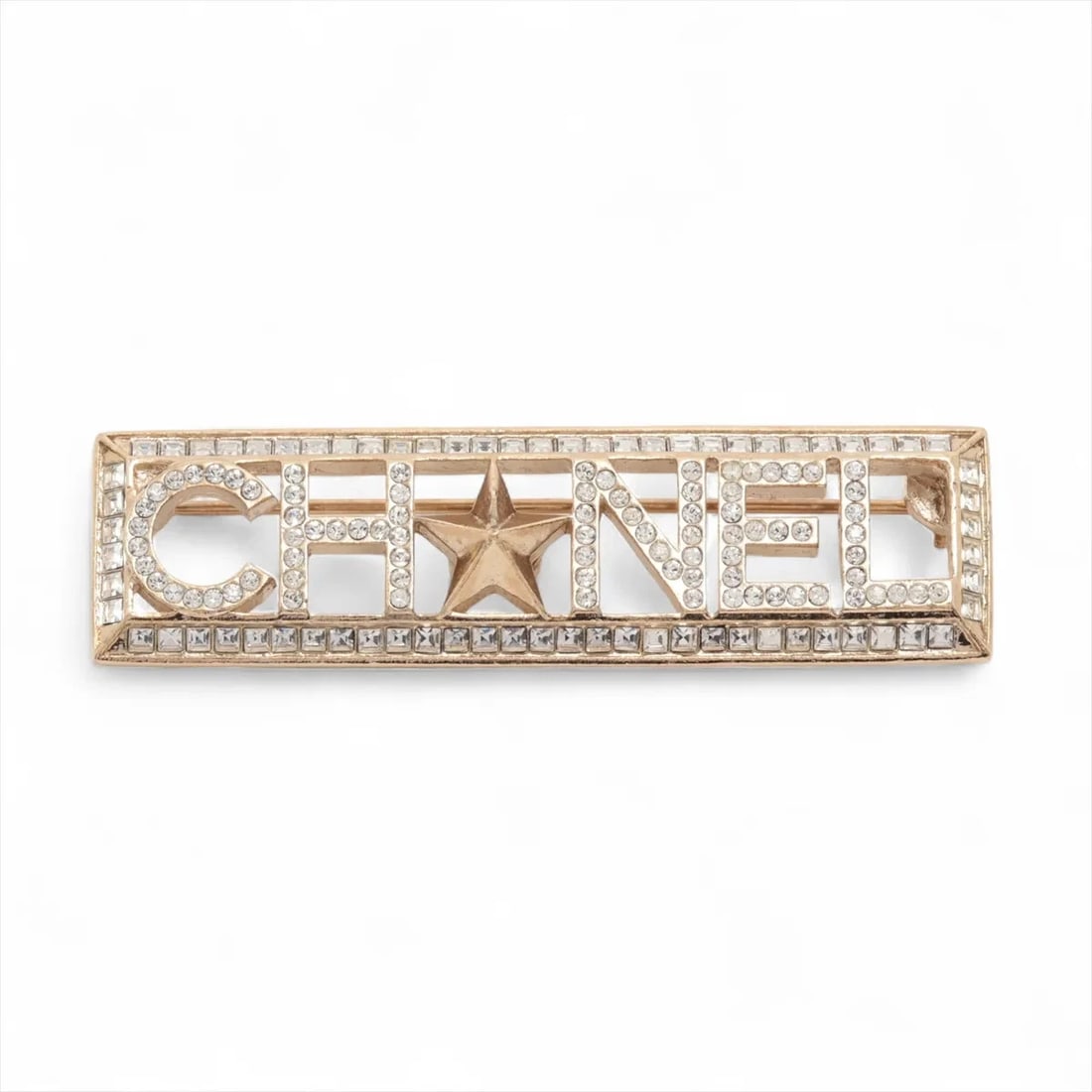 CHANEL LOGO BROOCH GP×RHINESTONE GOLD: Chanel Logo Brooch GP×Rhinestone Gold Brand: Chanel Type/Style: Brooch Material: GP×Rhinestone, Color: Gold Size: None Accessories: None Accessories Notice: When purchasing pre-owned goods