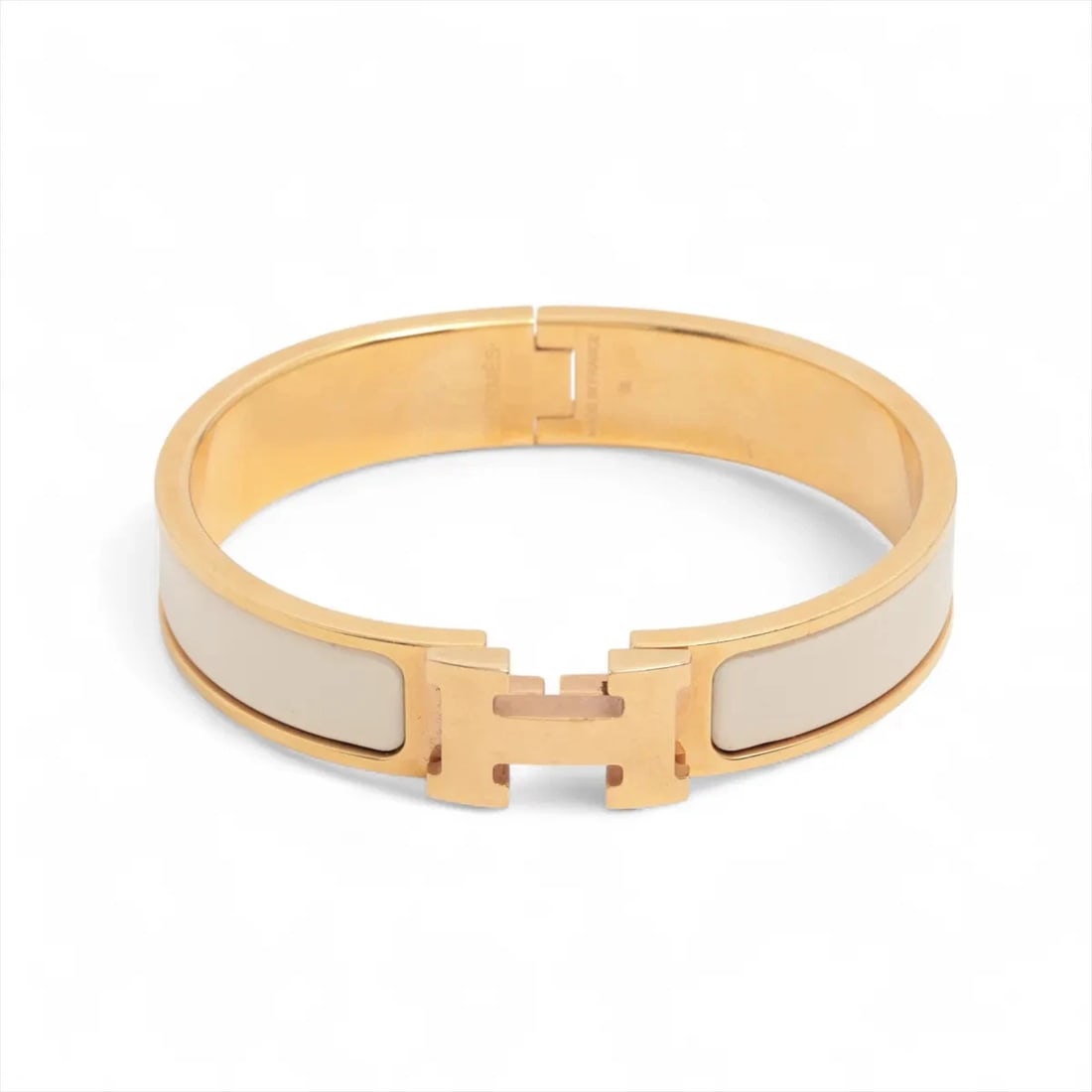 HERMES CLICK H FAN BANGLE GP GOLD X IVORY: Hermes Click H fan Bangle GP gold x ivory Brand: Hermes Type/Style: Bracelet Material: GP, Color: gold x ivory Size: Bracelet length:15.5 Accessories: None Accessories Notice: When purchas