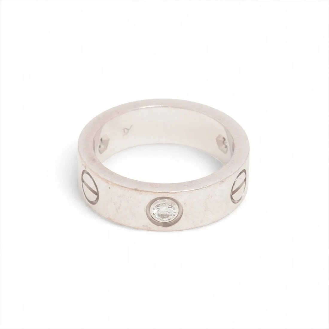 CARTIER LOVE HALF DIAMOND RING 750(WG): Cartier Love half diamond Ring 750(WG) Brand: Cartier Type/Style: Ring Material: 750(WG), Main Stone/Creation Natural Color: WG Size: 5.25 - 5.5 US Accessories: None Accessories Notice: When