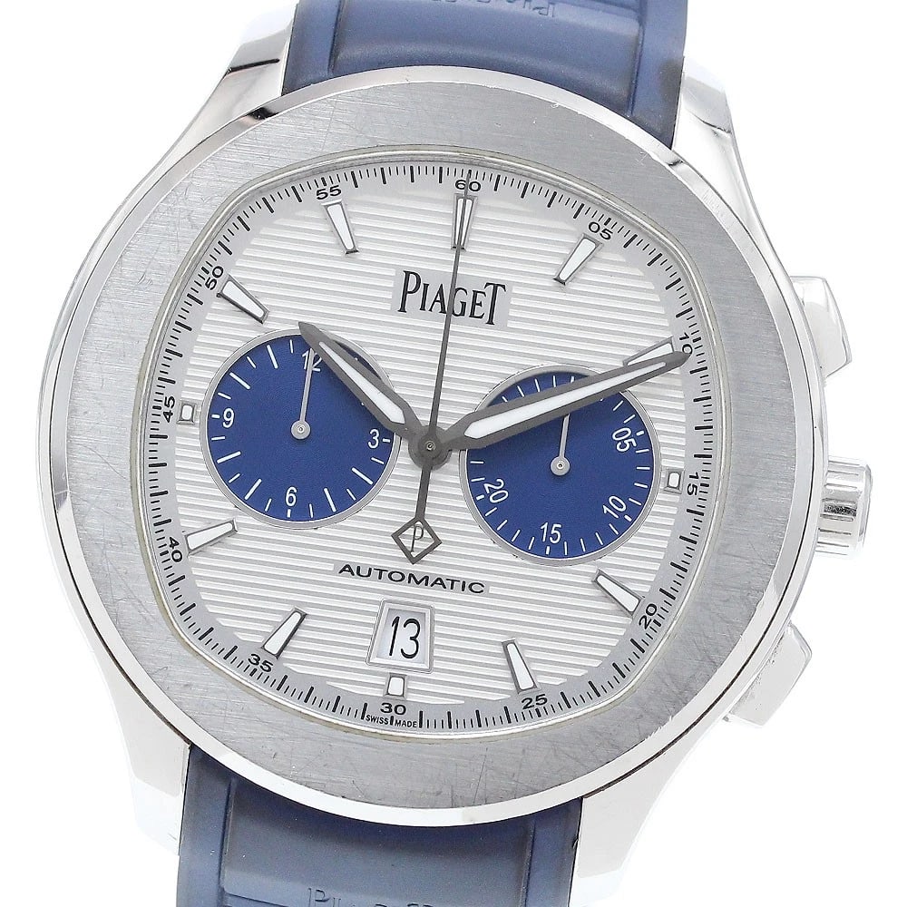 PIAGET POLO CHRONOGRAPH WATCH: PIAGET polo chronograph Watch Brand: PIAGET Type: Wristwatch Material: Band Material rubber, Case Material Stainless Steel Color: Band Color blue, Dial Color Silver / Blue, Case Color Silver Size: