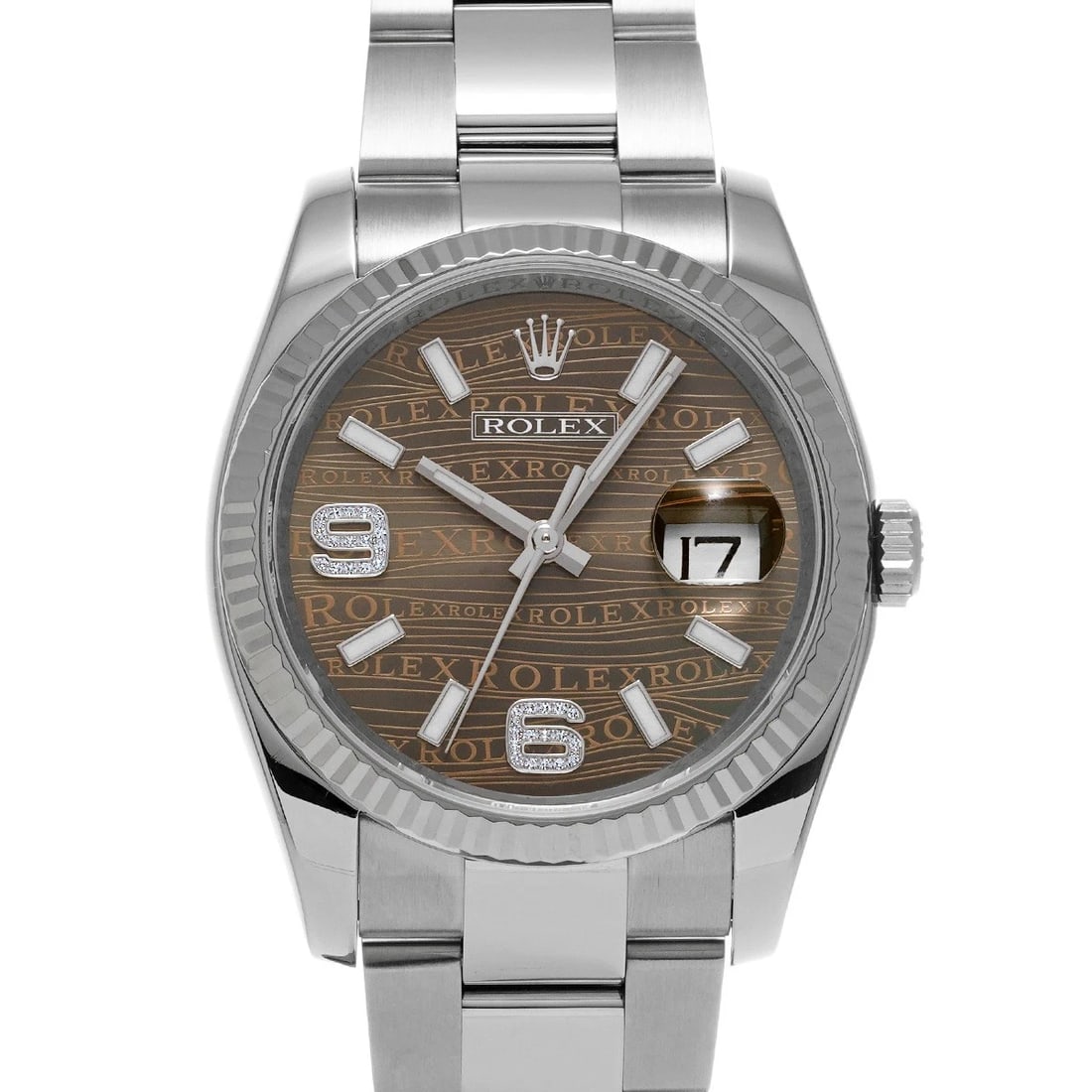 ROLEX DATEJUST BROWN WAVE DIAMOND WATCH: ROLEX Datejust Brown wave diamond WATCH Brand: ROLEX Type: Wristwatch Material: Band Material Stainless steel, Case Material Stainless steel Color: Dial Color Brown wave Size: Case H/about 36mm W/