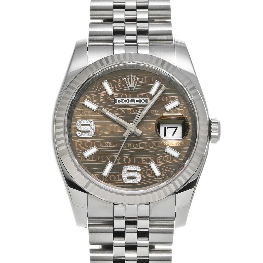ROLEX DATEJUST BROWN WAVE DIAMOND WATCH: ROLEX Datejust Brown Wave Diamond WATCH Brand: ROLEX Type: Wristwatch Material: Band Material Stainless steel, Case Material Stainless steel Color: Dial Color Brown Size: Case H/about 36mm