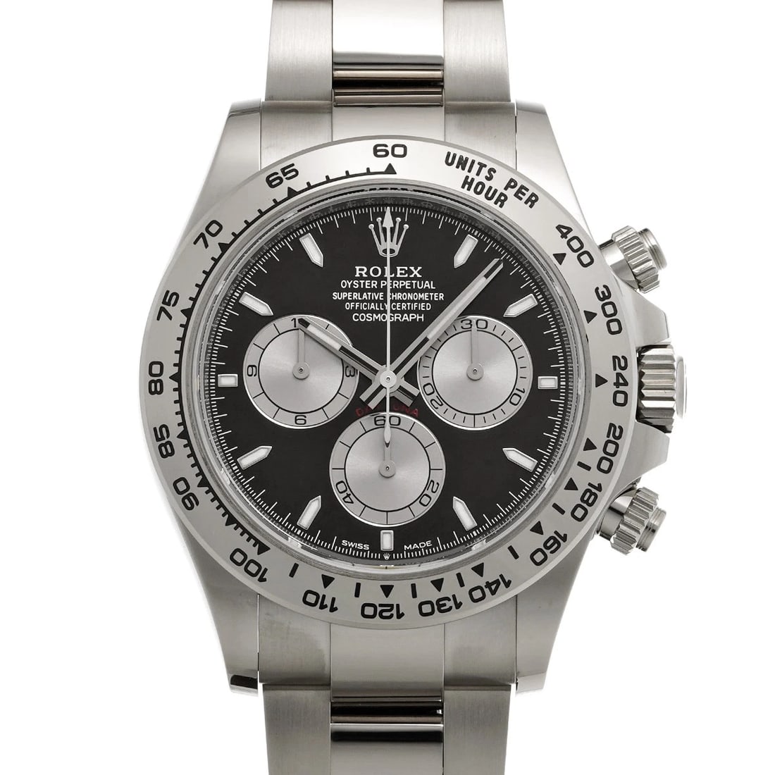 ROLEX COSMOGRAPH DAYTONA BRIGHT BLACK STEEL WATCH: ROLEX Cosmograph Daytona Bright black steel WATCH Brand: ROLEX Type: Wristwatch Material: Band Material White gold, Case Material White gold Color: Dial Color Bright black Size: Case H/about