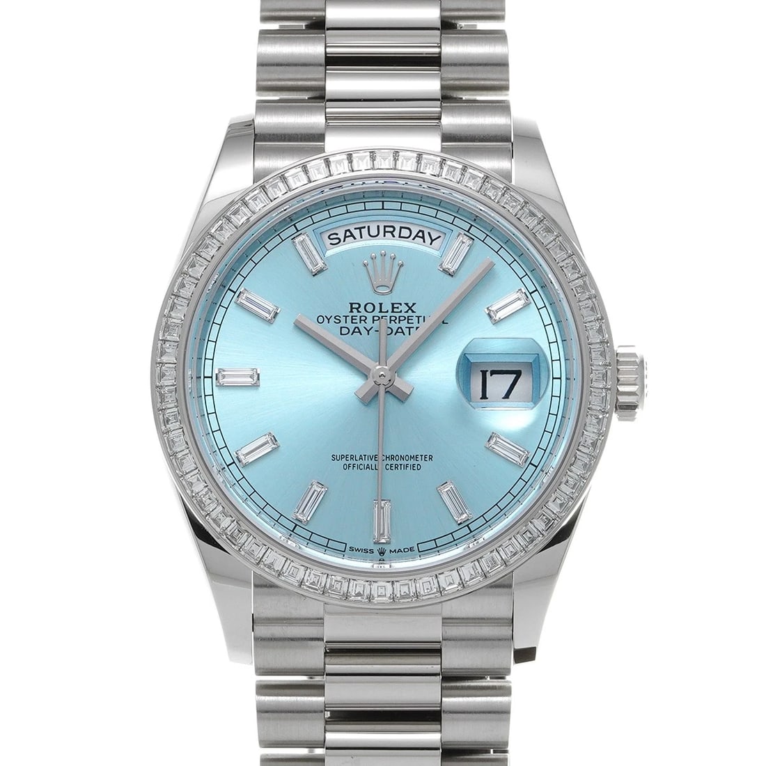 ROLEX DAY DATE ICE BLUE DIAMOND WATCH: ROLEX Day Date Ice blue diamond WATCH Brand: ROLEX Type: Wristwatch Material: Band Material Platinum, Case Material Platinum Color: Dial Color Ice blue Size: Case H/about 36mm W/about 36mm