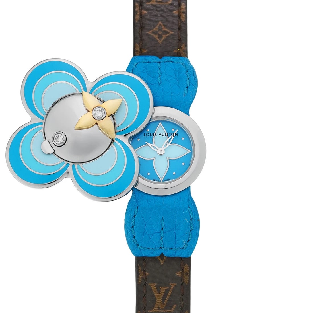 LOUIS VUITTON BLUE WATCH: LOUIS VUITTON blue WATCH Brand: LOUIS VUITTON Type: Wristwatch Material: Band Material Monogram canvas, Case Material Stainless steel Color: Dial Color blue Size: Case H/about 34mm W/about