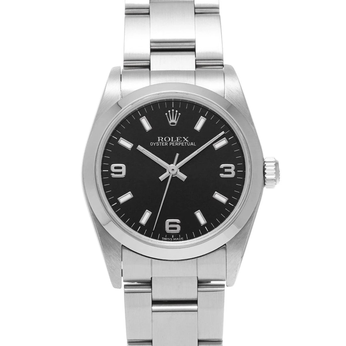 ROLEX OYSTER PERPETUAL BLACK WATCH: ROLEX Oyster Perpetual black WATCH Brand: ROLEX Type: Wristwatch Material: Band Material Stainless steel, Case Material Stainless steel Color: Dial Color black Size: Case H/about 31mm W/about