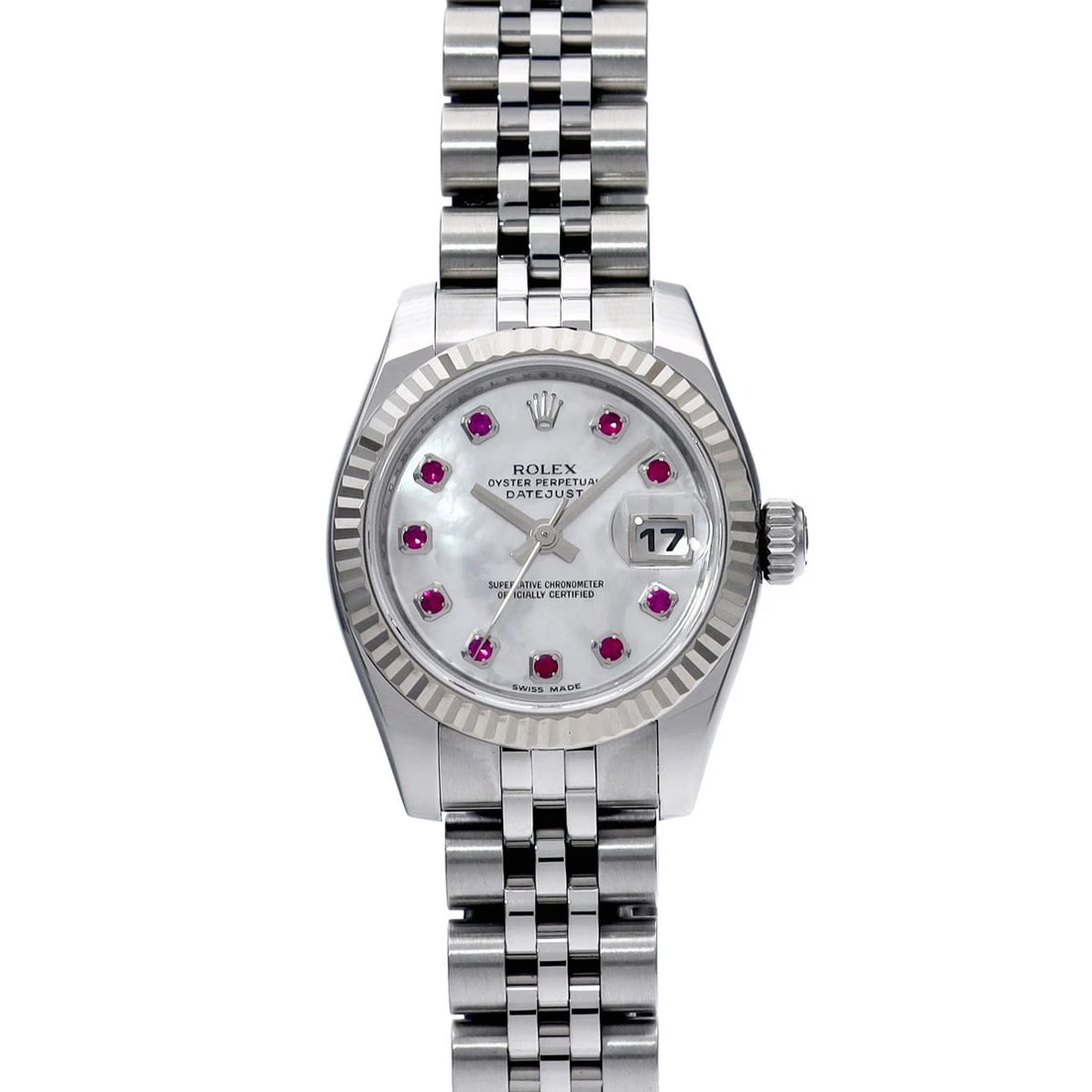 ROLEX DATEJUST WHITE SHELL RUBY WATCH: ROLEX Datejust White shell Ruby WATCH Brand: ROLEX Type: Wristwatch Material: Band Material Stainless steel, Case Material Stainless steel Color: Dial Color White shell Size: Case H/about 26mm W/a
