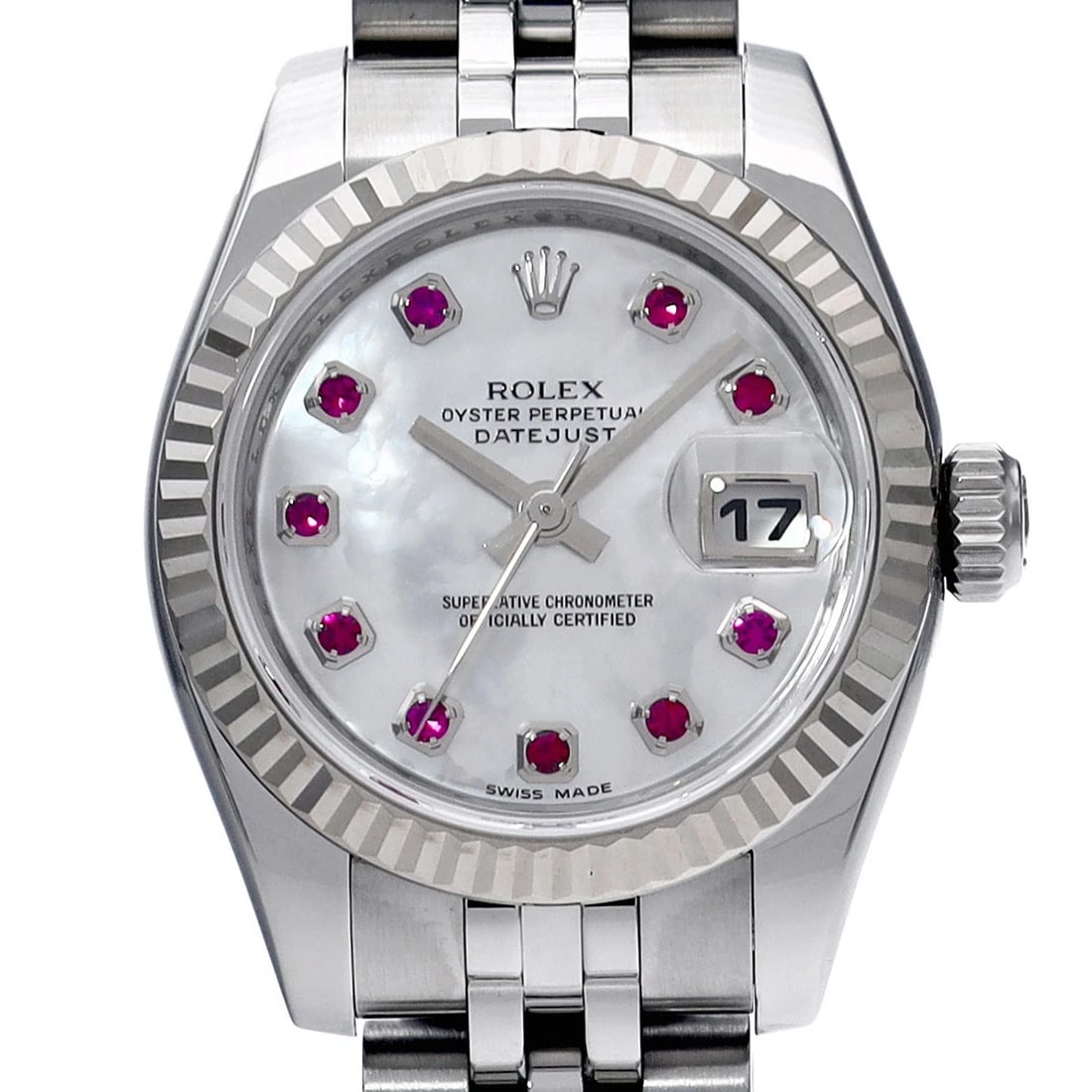 ROLEX DATEJUST WHITE SHELL RUBY WATCH - 5