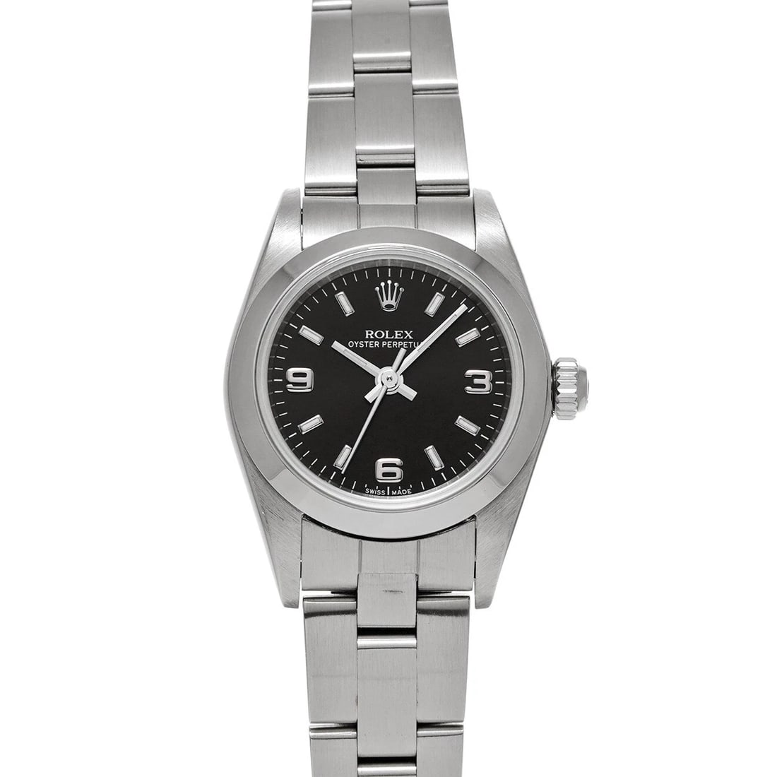 ROLEX OYSTER PERPETUAL BLACK WATCH: ROLEX Oyster Perpetual black WATCH Brand: ROLEX Type: Wristwatch Material: Band Material Stainless steel, Case Material Stainless steel Color: Dial Color black Size: Case H/about 24mm W/about