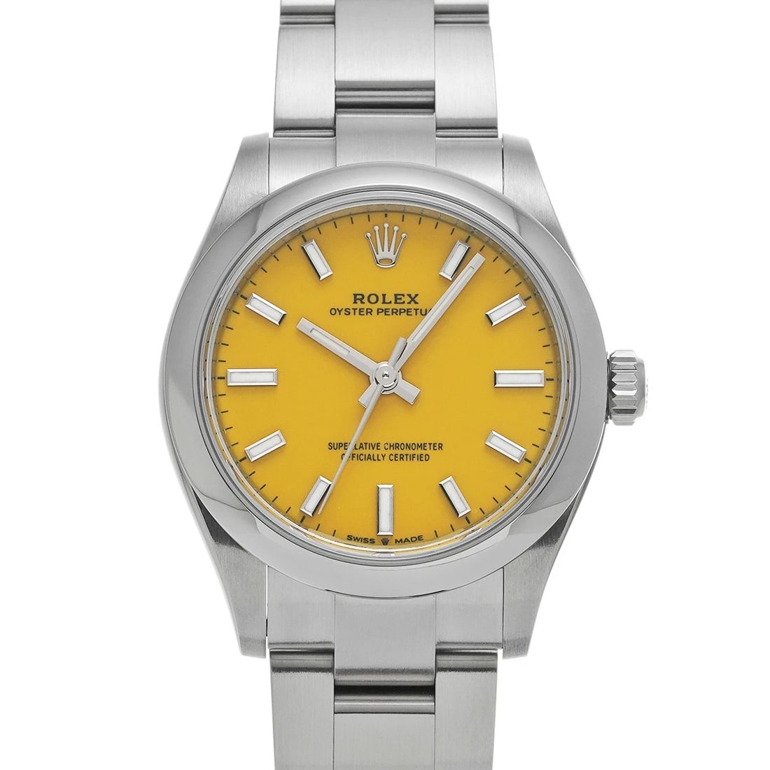 ROLEX OYSTER PERPETUAL YELLOW WATCH: ROLEX Oyster Perpetual yellow WATCH Brand: ROLEX Type: Wristwatch Material: Band Material Stainless steel, Case Material Stainless steel Color: Dial Color yellow Size: Case H/about 31mm W/about 31