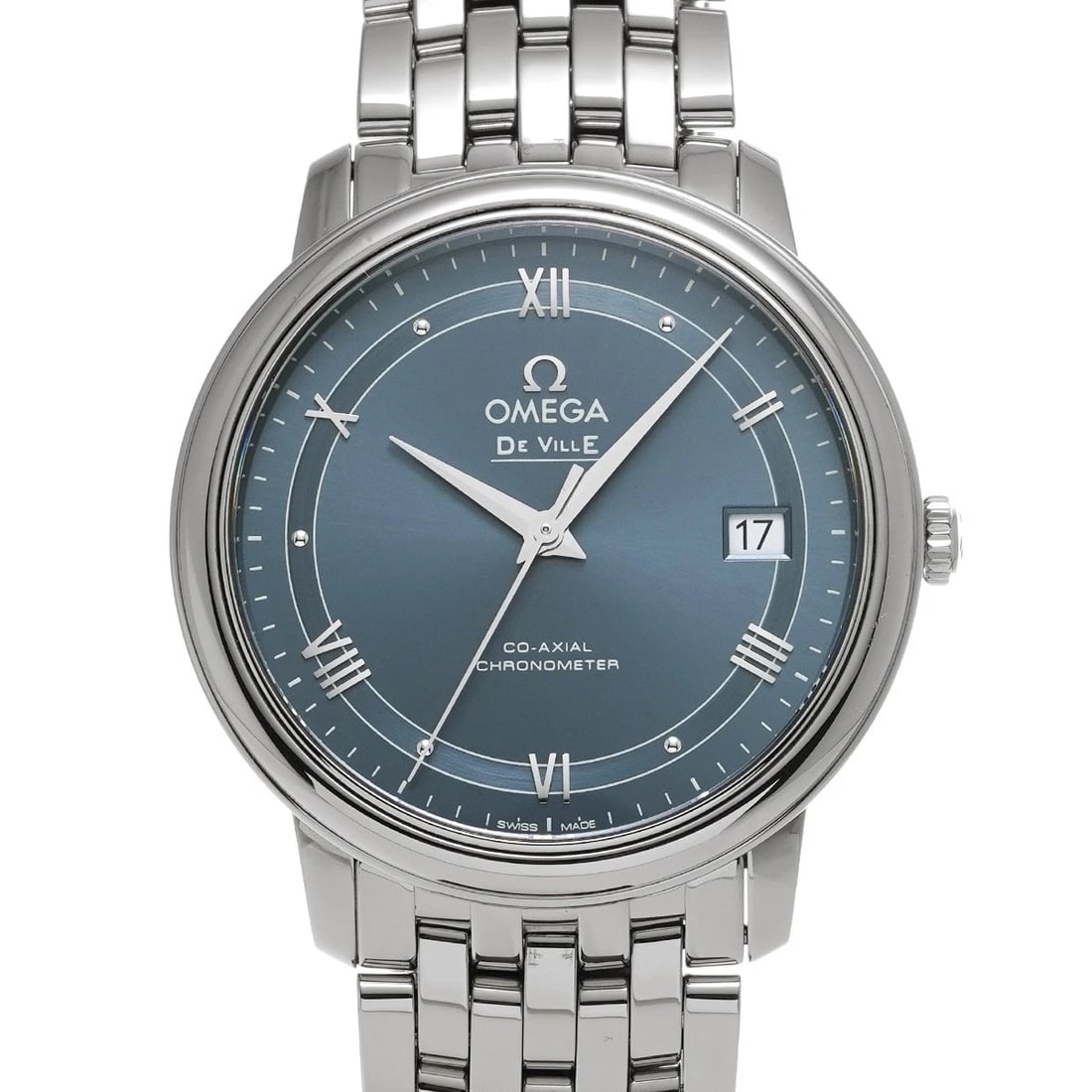 OMEGA DE VILLE PRESTIGE BLUE WATCH: OMEGA De Ville Prestige blue WATCH Brand: OMEGA Type: Wristwatch Material: Band Material Stainless steel, Case Material Stainless steel Color: Dial Color blue Size: Case H/about 36.8mm W/about 36.