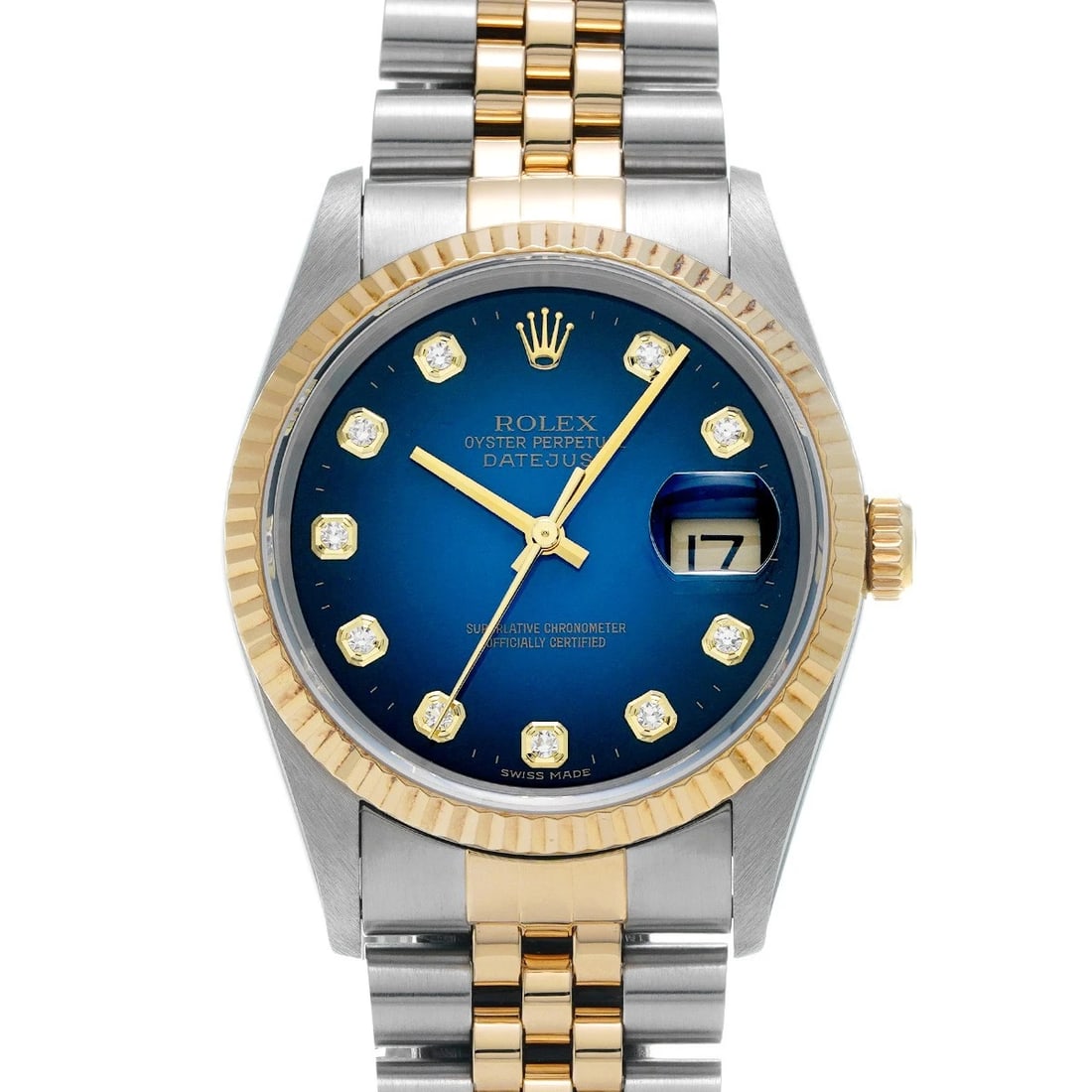 ROLEX DATEJUST BLUE GRADIENT DIAMOND WATCH: ROLEX Datejust Blue Gradient diamond WATCH Brand: ROLEX Type: Wristwatch Material: Band Material Stainless steel/Yellow Gold, Case Material Stainless steel Color: Dial Color Blue Gradient Size: Ca