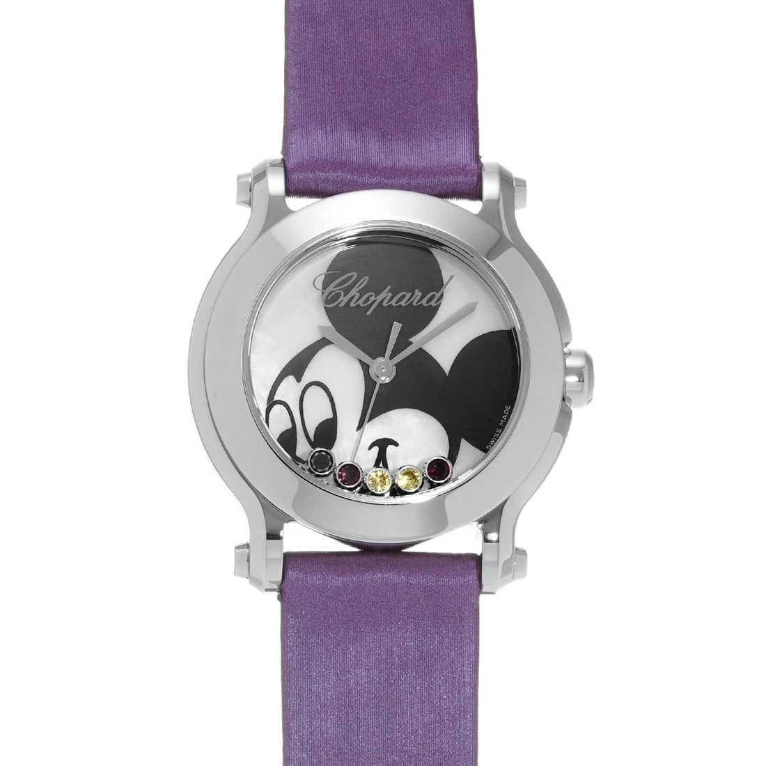 CHOPARD HAPPY MICKEY WHITE SHELL MOVING SAPPHIRE WATCH: Chopard Happy Mickey White shell Moving Sapphire WATCH Brand: Chopard Type: Wristwatch Material: Band Material Satin, Case Material Stainless steel Color: Dial Color White shell Size: Case