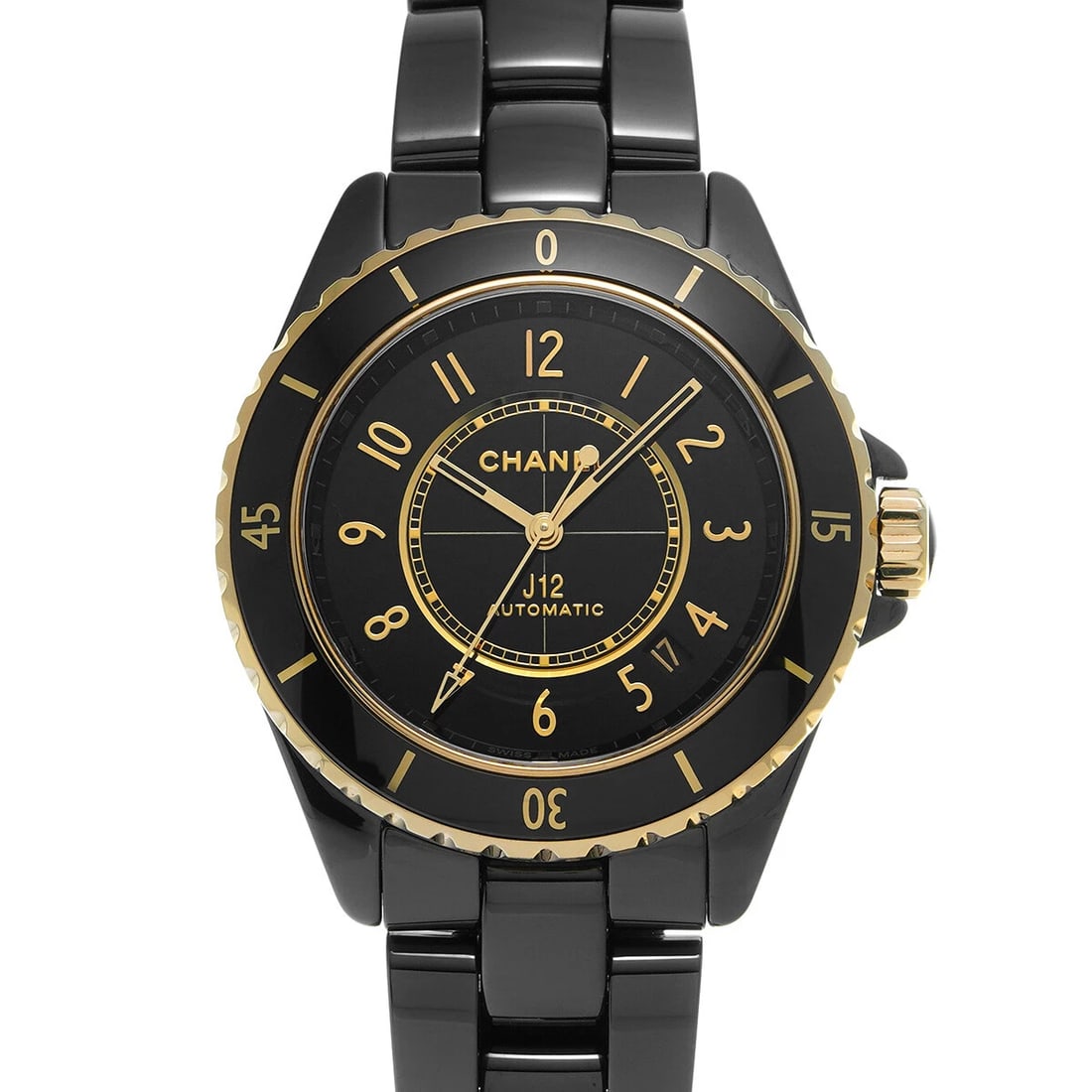 CHANEL J12 CALIBRE BLACK LACQUER WATCH: CHANEL J12 Calibre Black lacquer WATCH Brand: CHANEL Type: Wristwatch Material: Band Material ceramic, Case Material Yellow Gold Color: Dial Color Black lacquer Size: Case H/about 38mm W/about