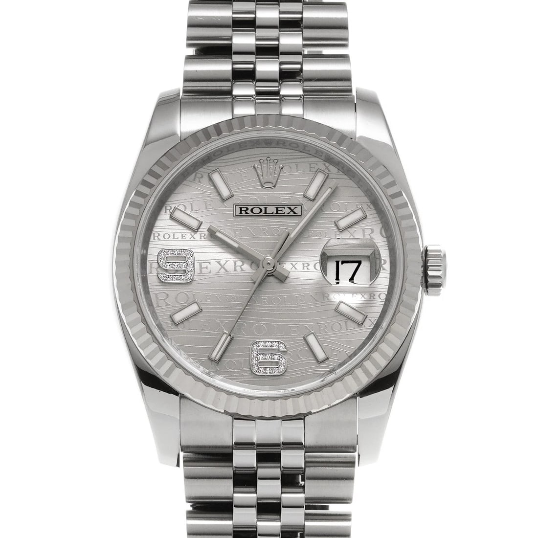 ROLEX DATEJUST SILVER WAVE DIAMOND WATCH: ROLEX Datejust Silver wave diamond WATCH Brand: ROLEX Type: Wristwatch Material: Band Material Stainless steel, Case Material Stainless steel Color: Dial Color Silver wave Size: Case H/about