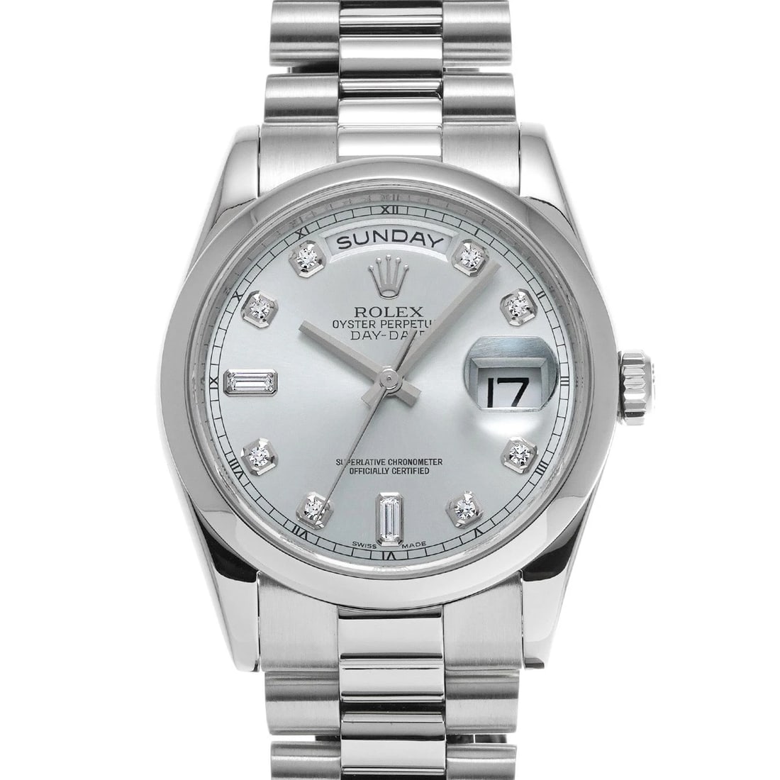 ROLEX DAY DATE ICE BLUE DIAMOND WATCH: ROLEX Day Date Ice blue diamond WATCH Brand: ROLEX Type: Wristwatch Material: Band Material Platinum, Case Material Platinum Color: Dial Color Ice blue Size: Case H/about 36mm W/about 36mm