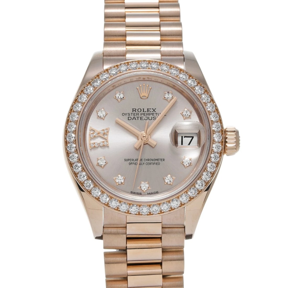ROLEXDATEJUST SUNDUST/DIAMOND WATCH: ROLEXDatejust Sundust/diamond WATCH Brand: ROLEX Type: Wristwatch Material: Band Material Everrose gold, Case Material Everrose gold Color: Dial Color Sundust Size: Case H/about 28mm W/about 28mm