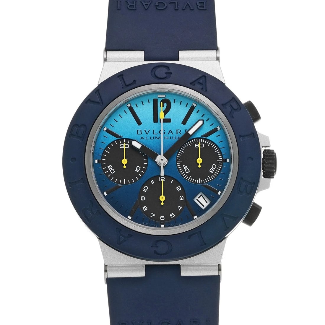 BVLGARI ALUMINUM CHRONOGRAPH BLUE WATCH: BVLGARI Aluminum Chronograph blue WATCH Brand: BVLGARI Type: Wristwatch Material: Band Material rubber, Case Material aluminum Color: Dial Color blue Size: Case H/about 40mm W/about 40mm