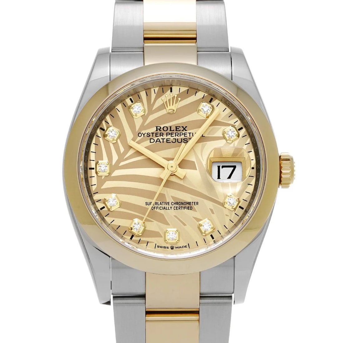 ROLEX DATEJUST GOLDEN PALM MOTIF DIAMOND WATCH: ROLEX Datejust golden palm motif diamond WATCH Brand: ROLEX Type: Wristwatch Material: Band Material Stainless steel/Yellow Gold, Case Material Stainless steel Color: Dial Color golden palm