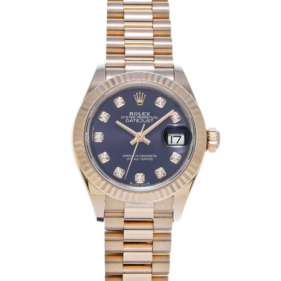 ROLEX AUBERZINE DIAMOND WATCH: ROLEX Auberzine diamond WATCH Brand: ROLEX Type: Wristwatch Material: Band Material Everrose gold, Case Material Everrose gold Color: Dial Color Auberzine Size: Case H/about 28mm W/about 28mm