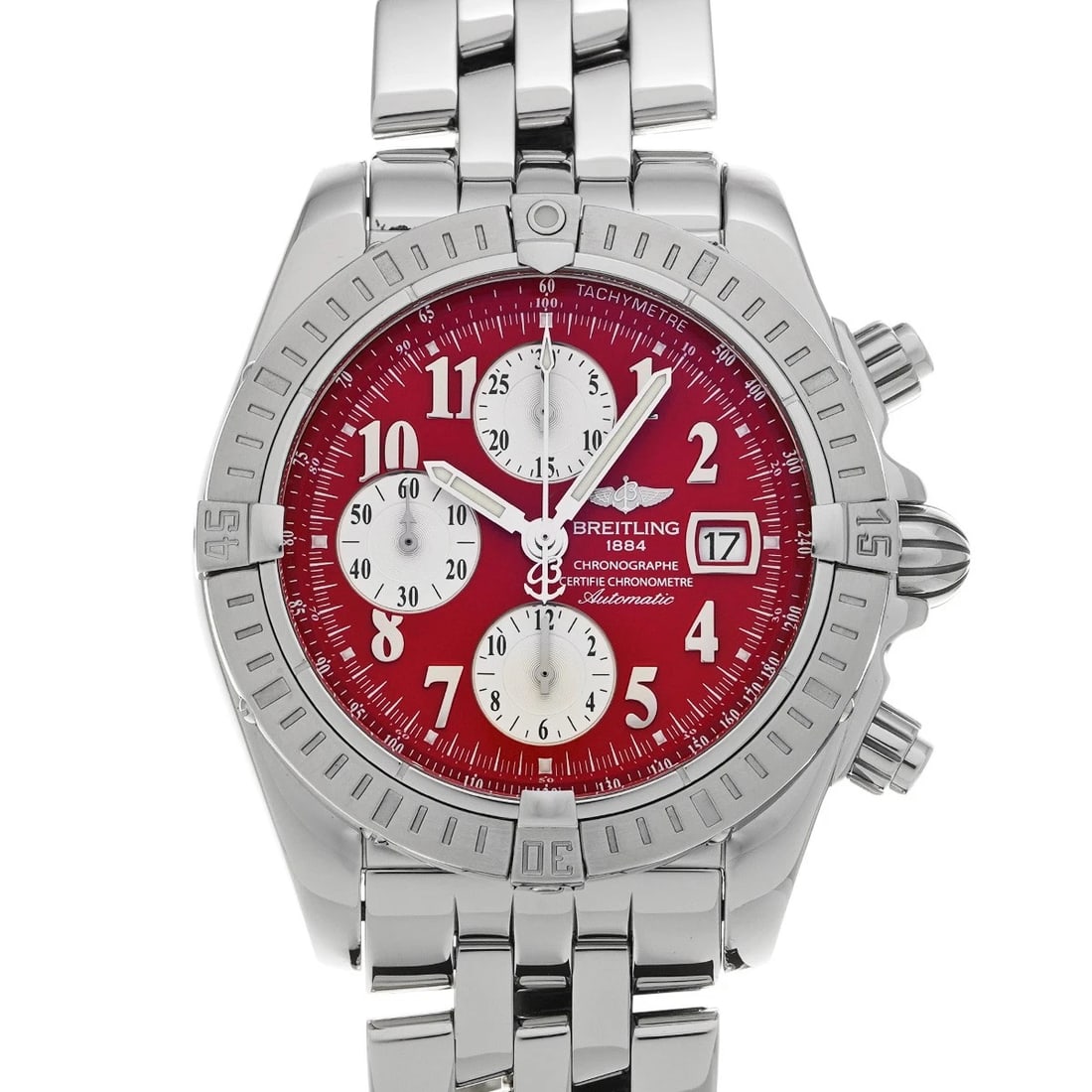BREITLING CHRONOMAT EVOLUTION RED WATCH: BREITLING Chronomat Evolution Red WATCH Brand: BREITLING Type: Wristwatch Material: Band Material Stainless steel, Case Material Stainless steel Color: Dial Color Red Size: Case H/about 43.7mm