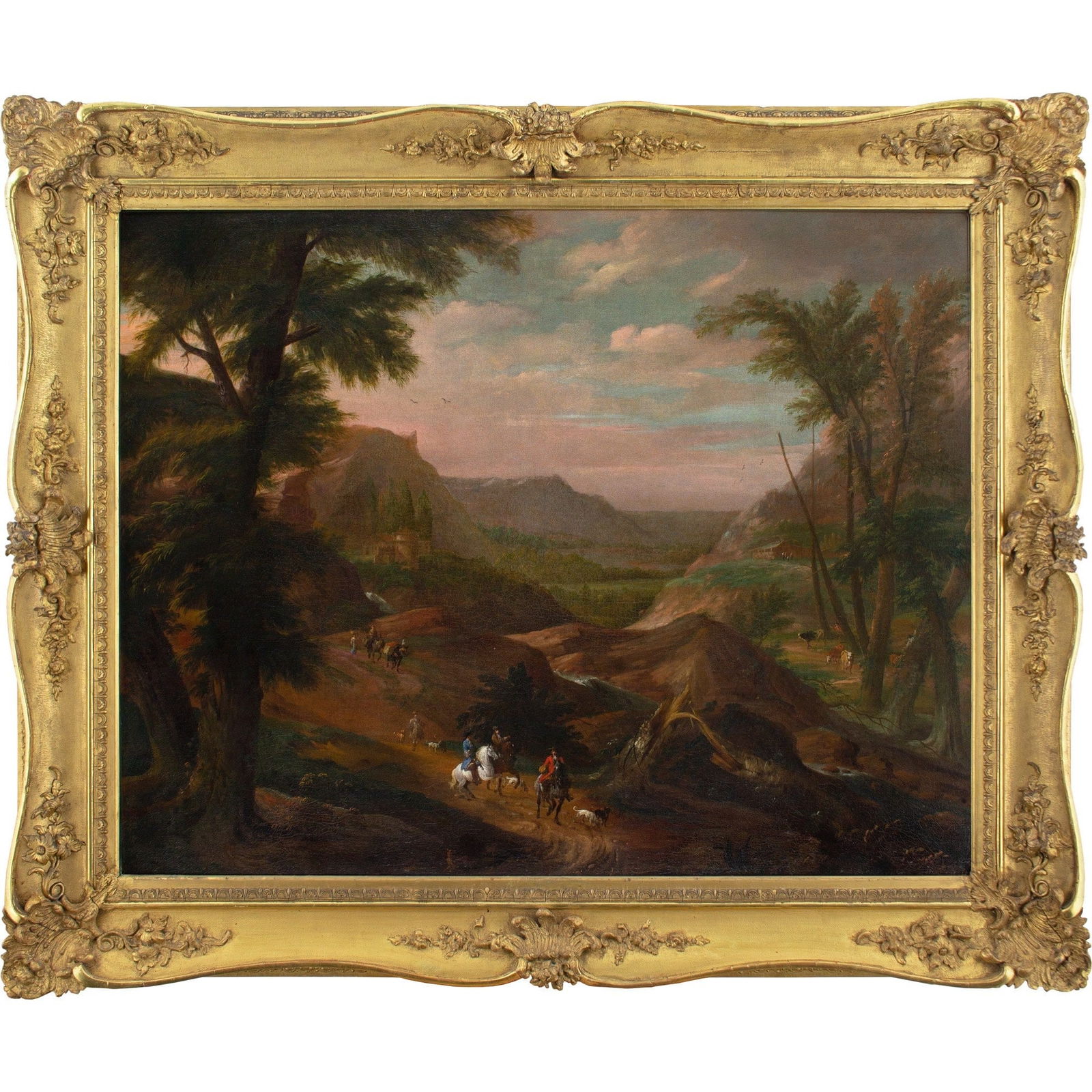 PIETER BOUT AND ADRIAEN FRANS BOUDEWYNS' VAST RHINELAND SCENERY FEATURING SPORTSMEN: Year: c. 1675 Size: 58” x 48½” / 148cm x 123cm Medium: Oil on canvas Description: Pieter Bout (1640 to 1645-1689 to 1719) and Adriaen Frans Boudewijns (1644-1719), two Flemish artis