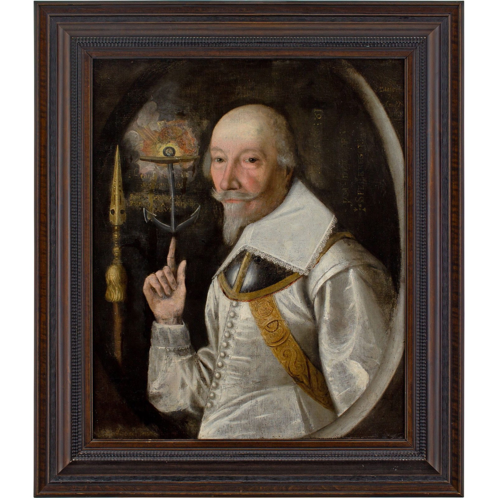 DUTCH SCHOOL IN THE EARLY 17TH CENTURY A SWEDISH OFFICER'S PORTRAIT WITH AN ANCHOR AND CEREMONIAL: Year: c. 1638 Size: 33½” x 38½” / 85cm x 98cm Medium: Oil on canvas Description: This elaborately annotated half-length portrait from the early 17th century shows an officer