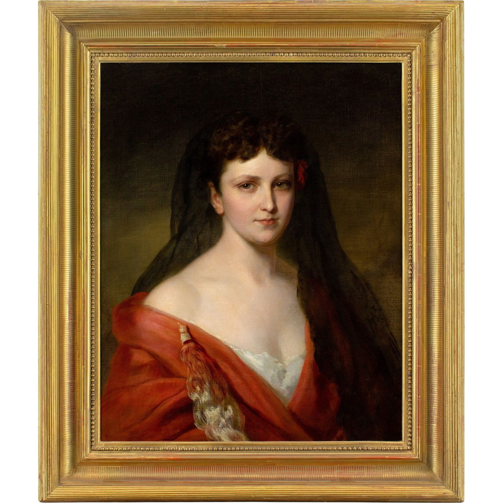AN AUSTRIAN SCHOOL PORTRAIT FROM THE 19TH CENTURY OF A WOMAN DRESSED IN SPANISH: Year: c. 1860 Size: 28½” x 33½” / 72cm x 85cm Medium: Oil on canvas Description: This gorgeous Austrian bust-length painting from the middle of the 19th century shows a young
