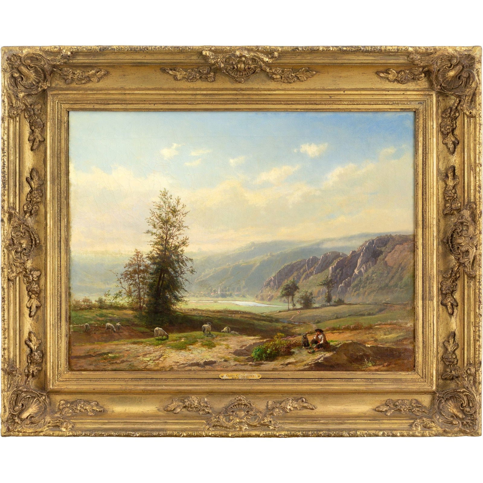 GIULIO CECCHINI, A PASTORAL SETTING WITH A LAKE AND MOUNTAINS: Year: c. 1860 Size: 37½” x 31” / 95cm x 78cm Medium: Oil on canvas Description: Giulio Cecchin, an Italian artist born in 1832, created this large oil painting in the middle of the
