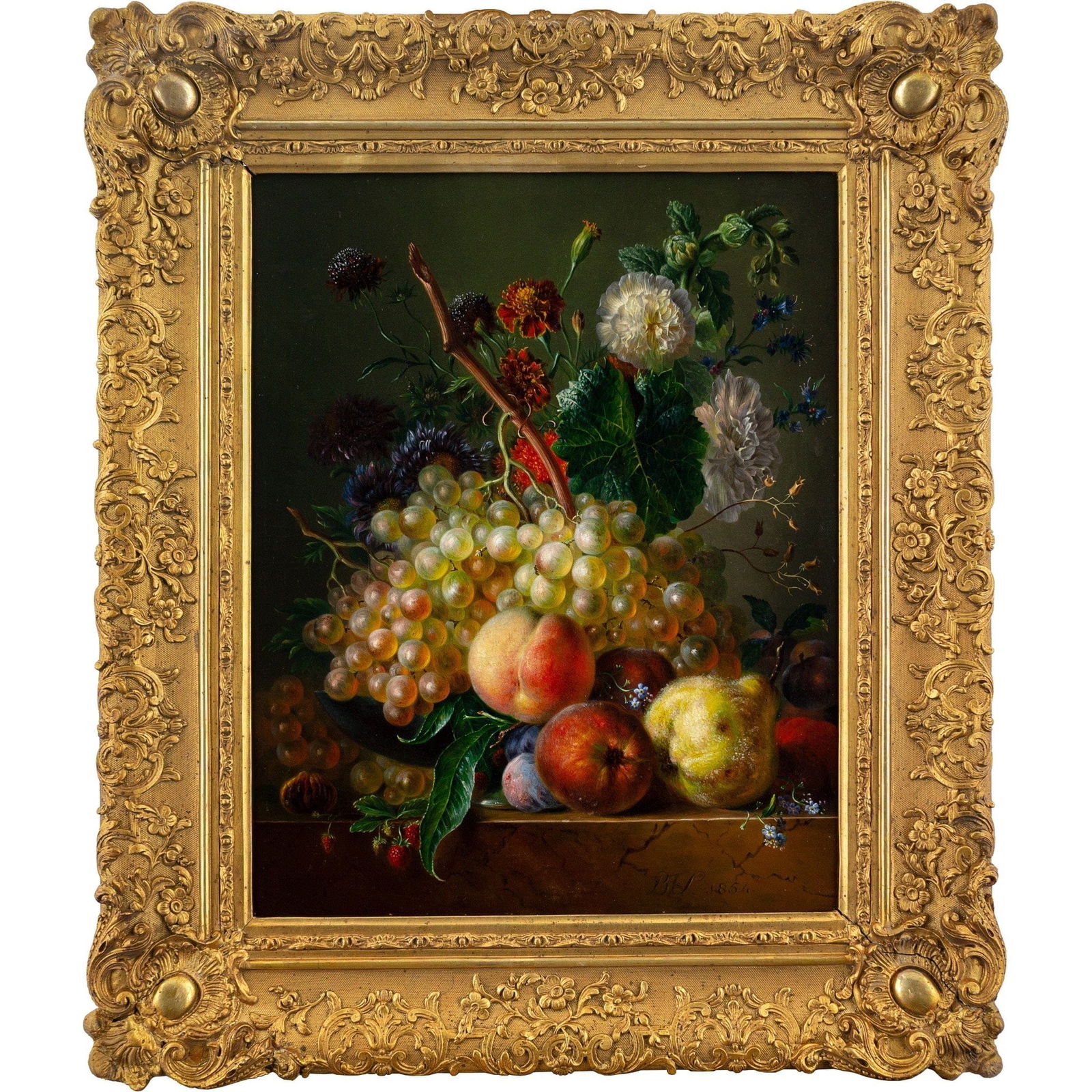 GERMAN SCHOOL IN THE MID-19TH CENTURY STILL LIFE WITH FRUIT, FLOWERS AND BRANCHES: Year: 1854 Size: 23½” x 27½” / 60cm x 70cm Medium: Oil on canvas Description: This mid-19th-century German oil painting portrays a well prepared arrangement of fruit, berries