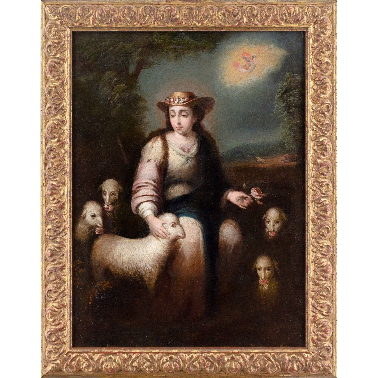 JUAN RUIZ SORIANO (CIRCLE) SHEPHERDESS OF GOD (LA DIVINA PASTORA): Year: c. 1750 Size: 30½” x 39” / 78cm x 99cm Medium: Oil on canvas Description: The Virgin Mary is portrayed as La Divina Pastora, the Divine Shepherdess, in this lovely oil paintin