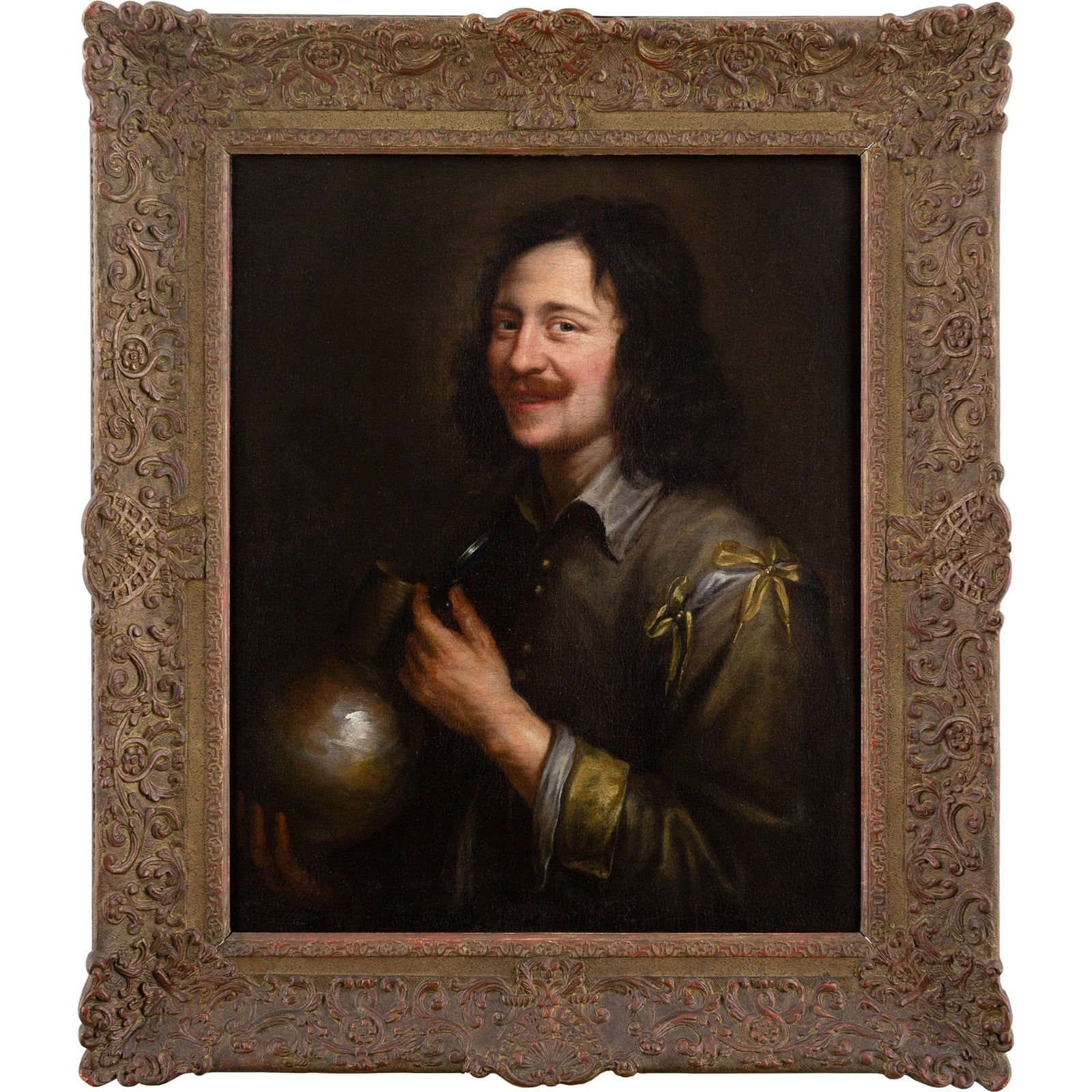 JAN COSSIERS' (CIRCLE) MAN WITH A JUG IN HIS HAND: Year: c. 1650 Size: 31½” x 36½” / 80cm x 93cm Medium: Oil on canvas Description: This delightful mid-17th-century Flemish oil on canvas depicts a cheerful young guy who looks