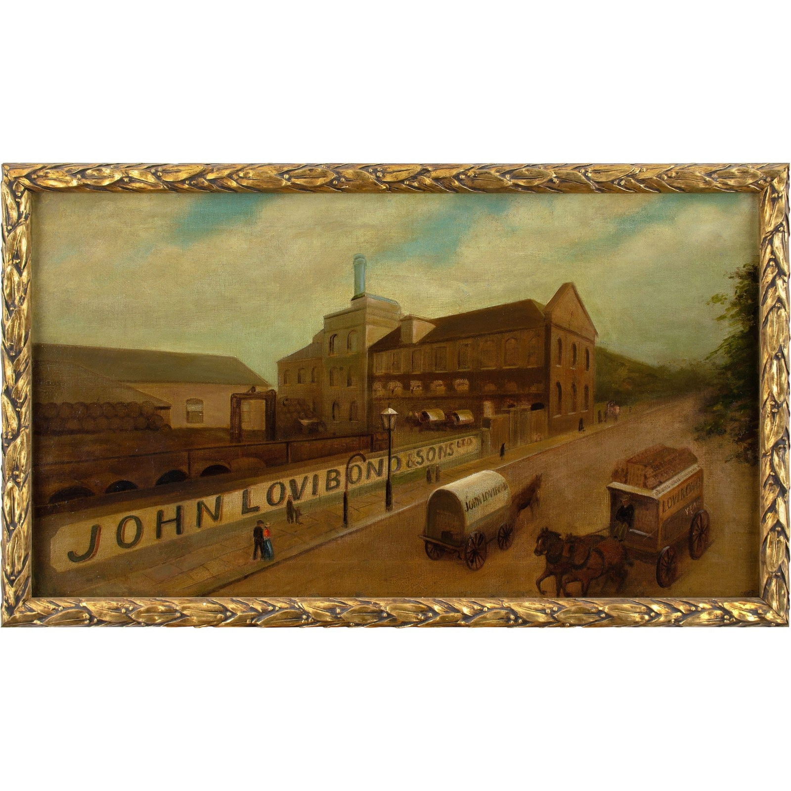 ENGLISH SCHOOL IN THE EARLY 20TH CENTURY FULHAM'S JOHN LOVIBOND & SONS, CANNON BREWERY: Year: c. 1901 Size: 34” x 20” / 86cm x 51cm Medium: Oil on canvas Description: This lovely English School oil painting from the early 20th century shows John Lovibond & Sons Ltd.'s Cannon