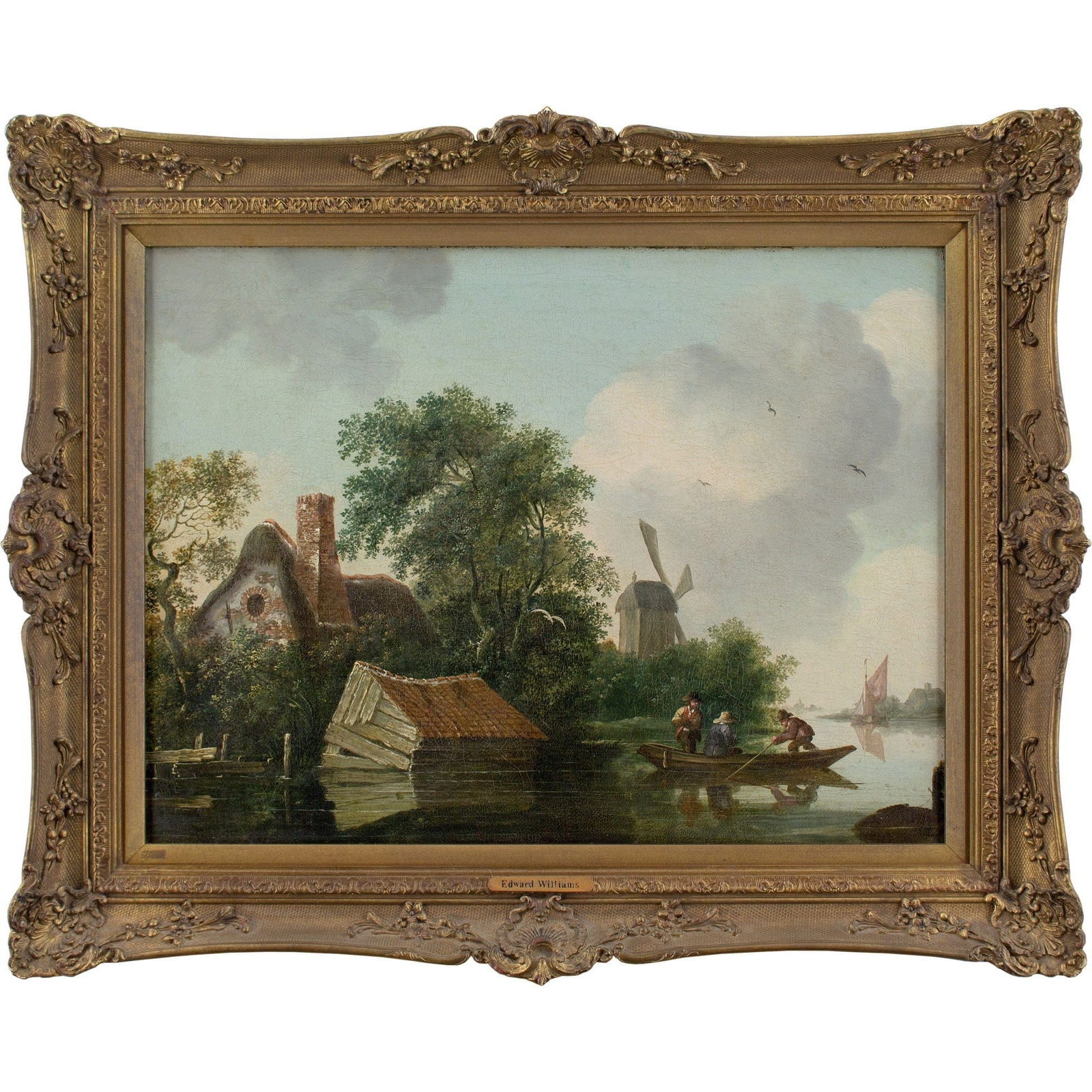 EDWARD WILLIAMS (CIRCLE) RIVER SCENE WITH WINDMILL, BOATMEN, AND THATCHED COTTAGE: Year: c. 1850 Size: 25½” x 21” / 65cm x 53cm Medium: Oil on canvas laid on wood Description: This lovely oil painting from the middle of the 19th century shows a river scene with a